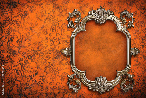 Burnt orange grunge wallpaper with a wide platinum ornate blank frame, luxurious and striking. photo