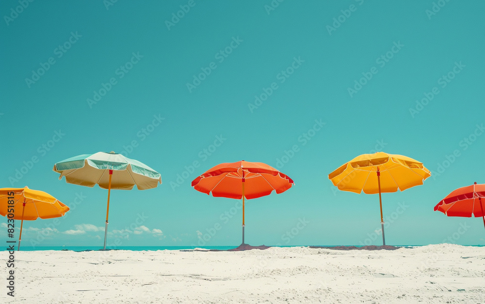 Vivid beach umbrellas on white sand inviting relaxation and leisure copy space, holiday mood, whimsical, silhouette, tropical paradise