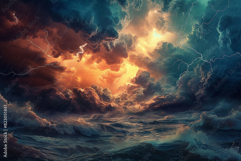 Fototapeta premium Dramatic sky filled with lightning over a stormy sea selective focus, natures wrath, vibrant, blend mode, wild ocean