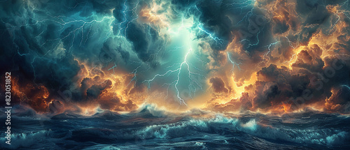 Lightning strikes over a stormy sea with a dramatic sky backdrop close up, fierce weather, realistic, manipulation, raging waters photo
