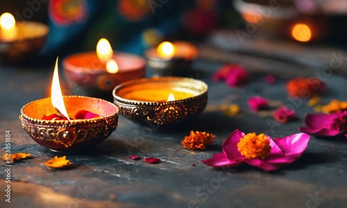 Happy Diwali - Diya lamps lit during diwali celebration
