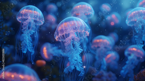 Bioluminescent jellyfish illuminating the night sea focus on, aquatic wonder, surreal, overlay, moonlit waters