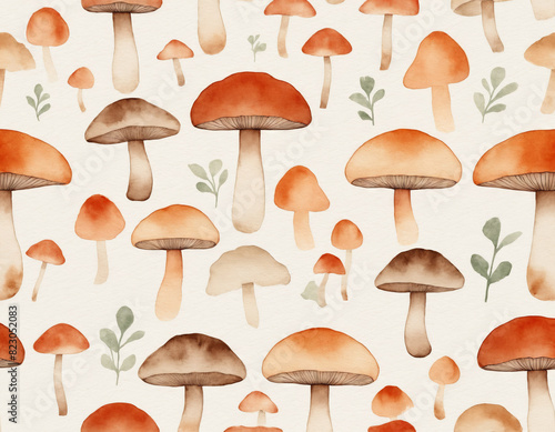 Watercolor Mushroom Pattern with Green Leaves