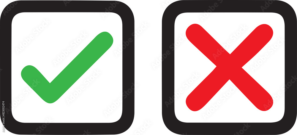 Green checkmark tick and red X icons. Green checkmark tick and red X icons.