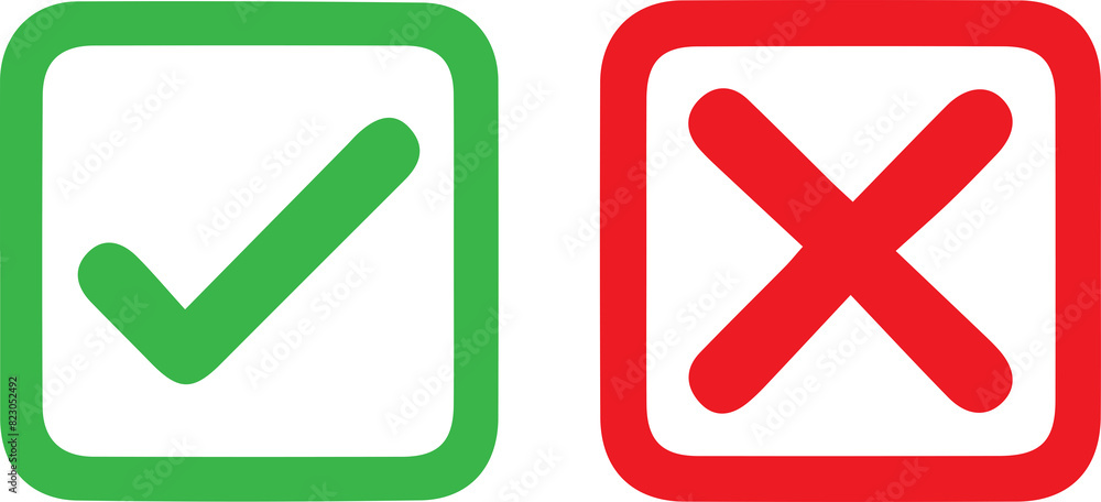 Green checkmark tick and red X icons. Green checkmark tick and red X icons.
