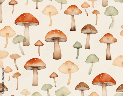 Delicate Watercolor Mushroom Pattern in Neutral Tones © liamalexcolman
