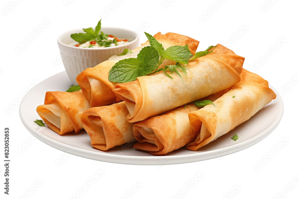 Culinary Delights: Fusion Rolls and Savory Dipping Sauce on Transparent PNG Background.