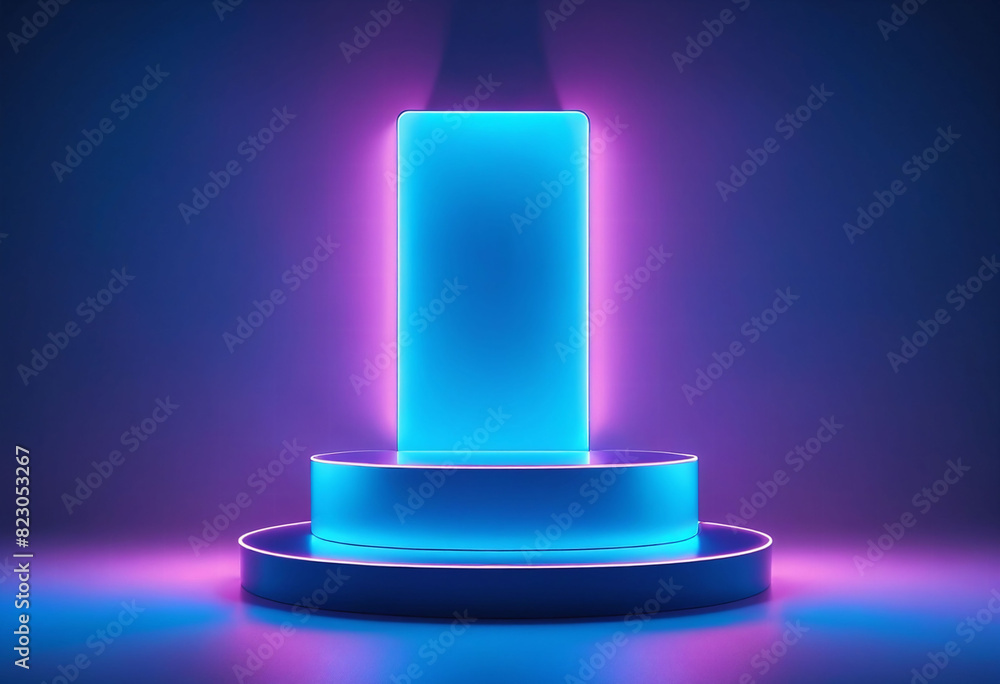 Glowing neon blue podium with a sleek minimalist design, perfect for product display and presentations Glowing neon blue podium with a sleek minimalist design, perfect for product display and presentations
