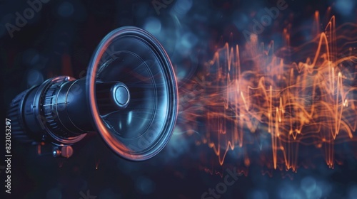 Loudspeaker announcement, close up, focus on, copy space, bright sound waves, double exposure silhouette with speaker photo