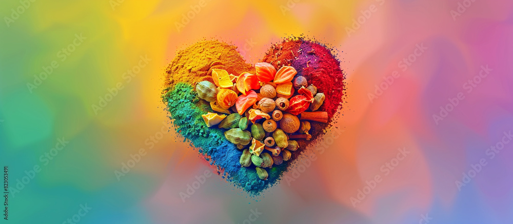 A heart made of rainbow-colored spices, aromatic and vibrant, set against a gradient background that subtly blends through rainbow hues. A heart made of rainbow-colored spices, aromatic and vibrant, set against a gradient background that subtly blends through rainbow hues.