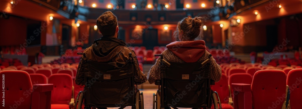 Couple in wheelchairs at a theater. Banner with copy space
