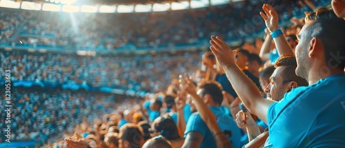 group of Sky Blue football team fans cheer and celebrating a winning tournament or winning league in stadium. the fans wearing sky blue shirt . Generative AI photo