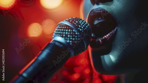 Loudspeaker Mouth close to a microphone, amplifying the voice close up, focus on mouth communication dynamic, Silhouette, concert stage
