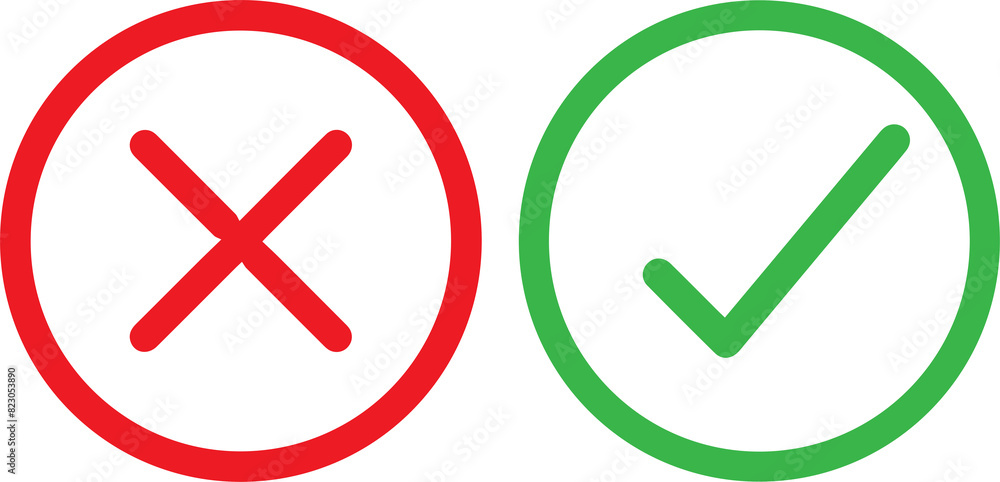 Green checkmark tick and red X icons. Green checkmark tick and red X icons.