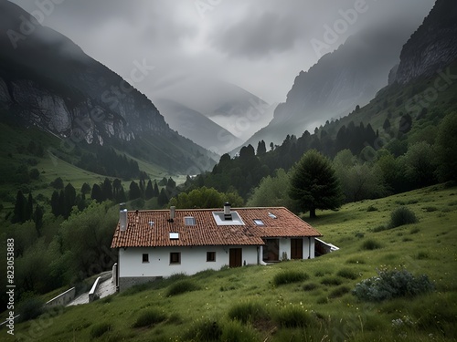 Default isolated house on the mountain with fog northern farm  The Mountain house  Rain fog with house on Green Mountain