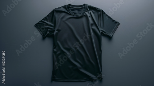 Black T-Shirt Laid Flat on a Dark Surface with Artistic Shadow Effects, Mockup
