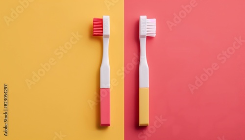 Two toothbrushes with vibrant colors on a yellow and pink split background  emphasizing dental hygiene and design aesthetics. 