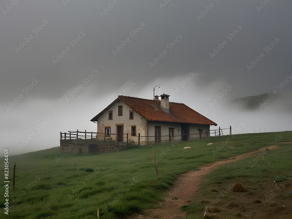 Default isolated house on the mountain with fog northern farm, The Mountain house, Rain fog with house on Green Mountain Default isolated house on the mountain with fog northern farm, The Mountain house, Rain fog with house on Green Mountain