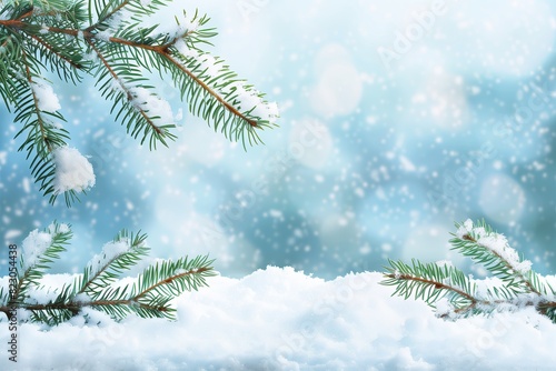 Branches of a Christmas tree on the snow against falling snowflakes. New Year atmosphere. Copy space. Festive template for holiday season
