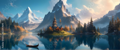 Explore a magical world of towering mountains, shimmering lakes, and mystical creatures in this fantastical landscape. photo
