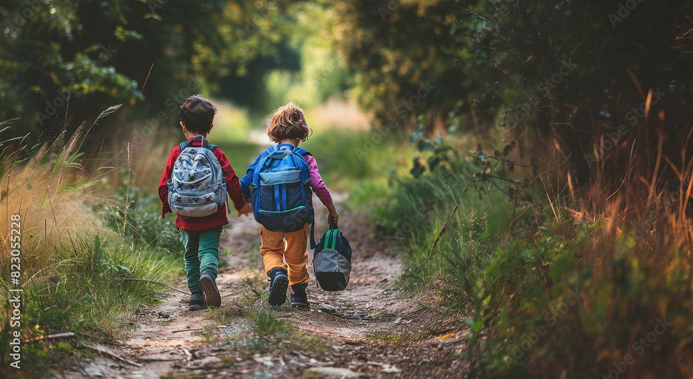 Two young children with backpacks walking hand in hand on a nature path, enjoying the outdoors and greenery, back view Two young children with backpacks walking hand in hand on a nature path, enjoying the outdoors and greenery, back view