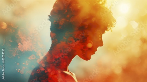 Pat on the shoulder, close up, focus on, copy space, colorful reassurance, double exposure silhouette with comforting hand photo