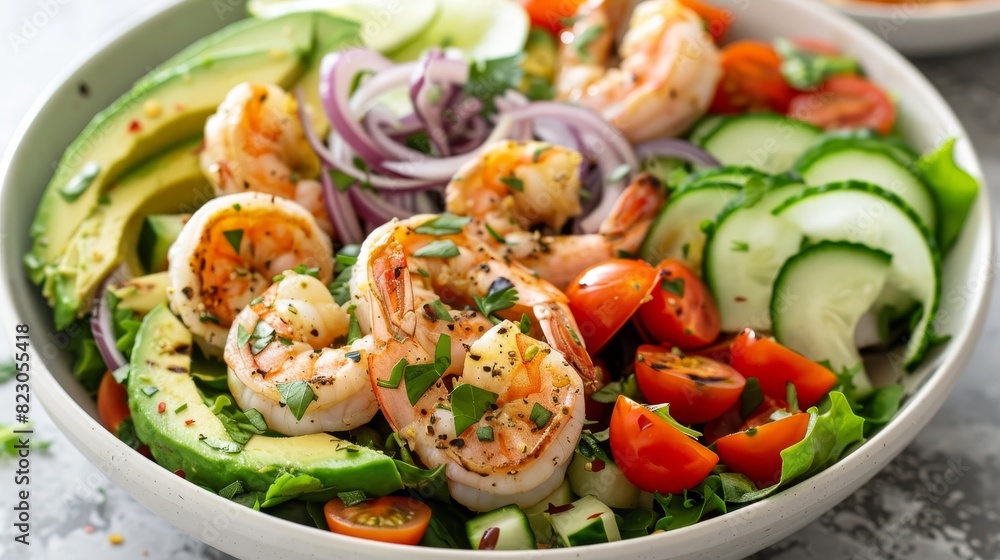 Vibrant Fresh Salad Bowl with Grilled Shrimp in Modern Kitchen Setting Vibrant Fresh Salad Bowl with Grilled Shrimp in Modern Kitchen Setting
