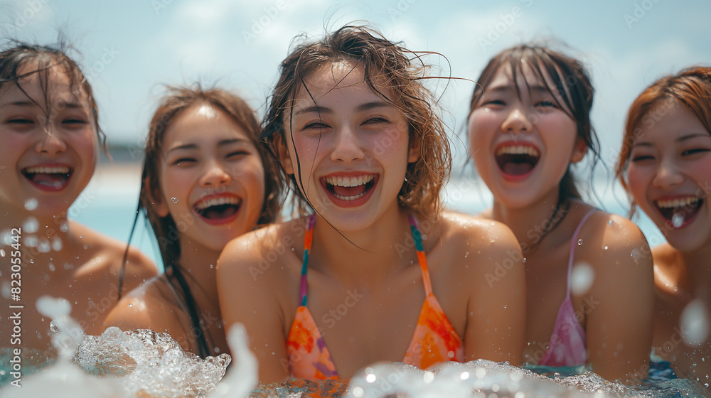 プールで遊ぶ日本人女性たち プールで遊ぶ日本人女性たち