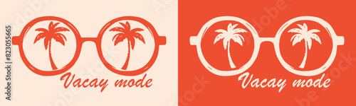 Vacay mode on summer break vacation retro vintage boho red tropical aesthetic palm trees landscape inside sunglasses illustration for girls holiday trip clothing shirt design print vector cut file.