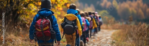 Group of children with backpacks hiking on a forest trail during autumn, enjoying nature and outdoor adventure, back view