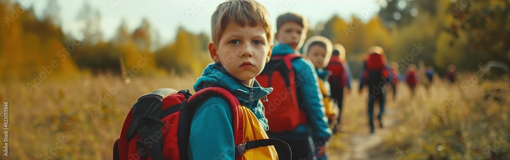 Group of children with backpacks hiking through an autumn landscape, exploring nature and enjoying the fall season.
