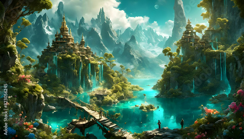 Explore a magical world of towering mountains, shimmering lakes, and mystical creatures in this fantastical landscape. photo