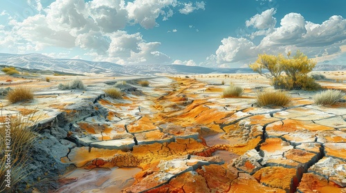 Droughtstricken landscape, cracked earth, driedup riverbed, vibrant colors, climate change impact, photorealistic, photo