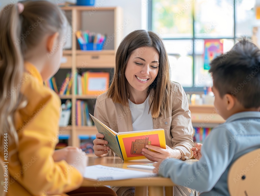 A smiling teacher reads a book to young students in a colorful, well-organized classroom, creating an engaging learning experience.