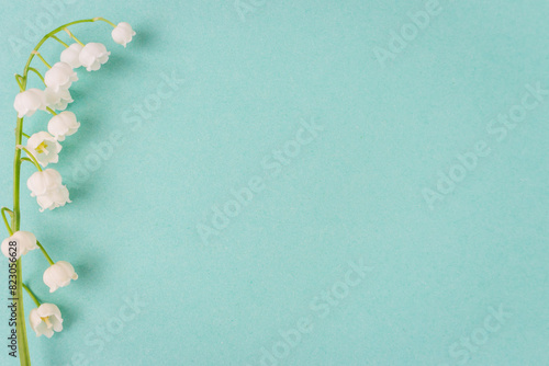 Lily of the valley on blue background with copy space. White tiny flowers on light blue background. Romantic postcard. Springtime concept. Summer flat lay. Minimalism concept. Purity in nature.