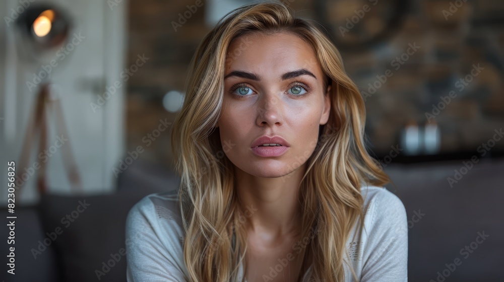 Obraz premium A woman with long blonde hair and blue eyes gazes into the camera from a couch in a living room