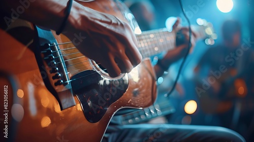 Musician Playing Guitar: A musician strums a guitar, skillfully plucking the strings and creating harmonious melodies that captivate the audience photo