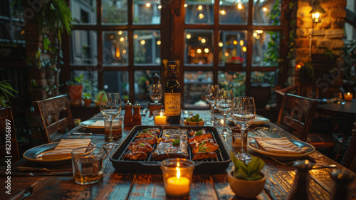 a slightly angled top-down shot from a slight side view of a moody lit dinner table for 6 people with a grillplate in the middle,generative ai photo