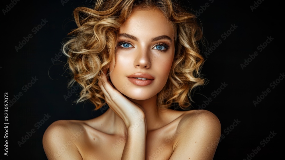 A beautiful blonde woman poses for a photo, her hand resting under her chin, the other supporting it A beautiful blonde woman poses for a photo, her hand resting under her chin, the other supporting it