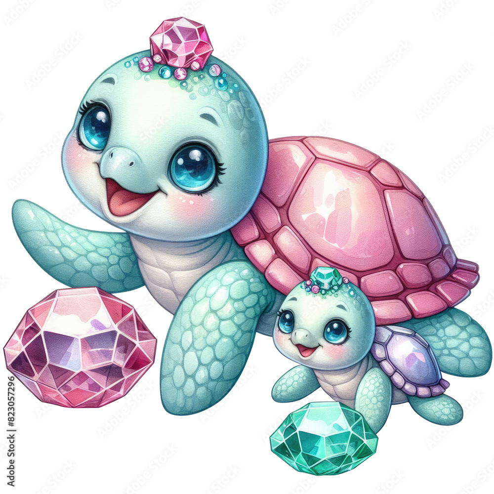 Fototapeta premium Cute cartoon illustration of mother and baby turtle