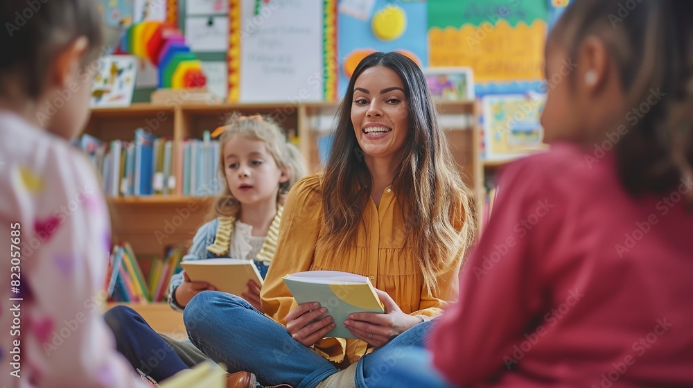 A cheerful teacher sits on the floor engaging with a group of preschool children in a colorful classroom, fostering a joyful learning environment. A cheerful teacher sits on the floor engaging with a group of preschool children in a colorful classroom, fostering a joyful learning environment.