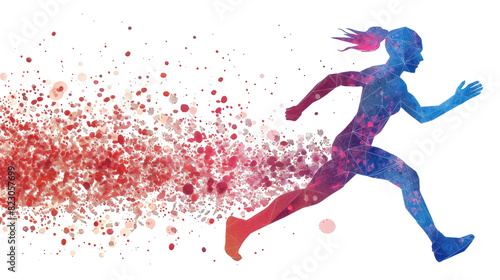 A woman running with a trail of colorful sparks behind her
