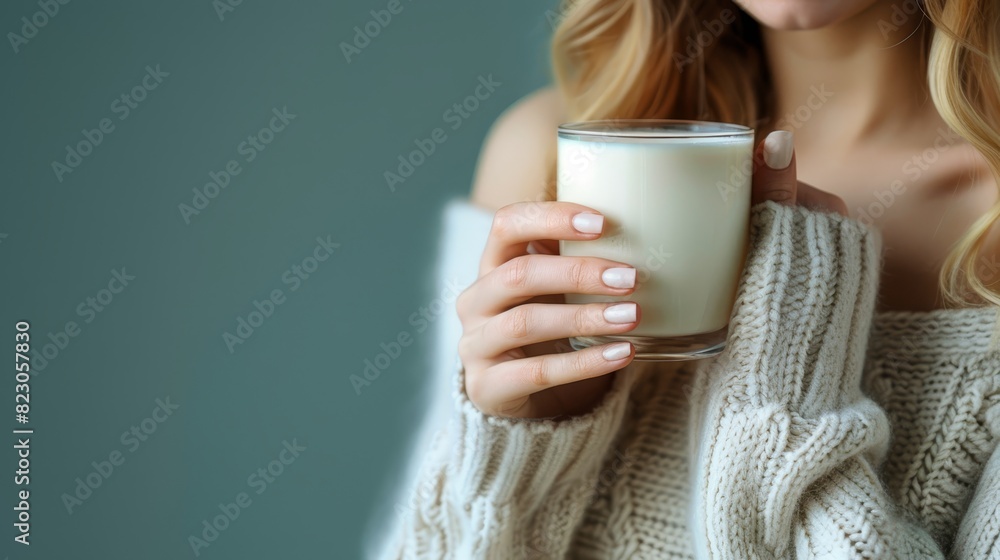 A woman happily smiling at the camera holds a glass of milk in her right hand A woman happily smiling at the camera holds a glass of milk in her right hand