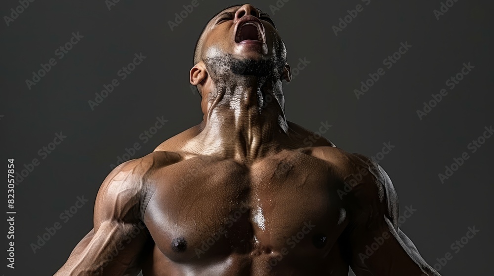 A shirtless man with an open mouth and hands on hips against a gray backdrop A shirtless man with an open mouth and hands on hips against a gray backdrop