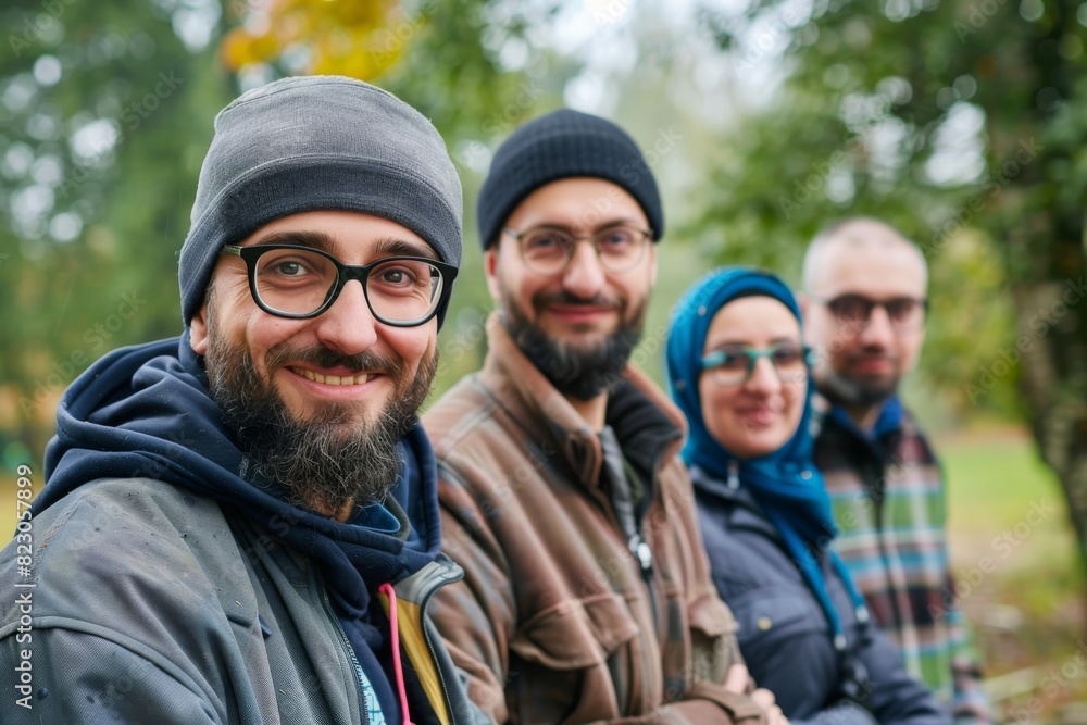 Portrait of a group of friends in the park. They are smiling.