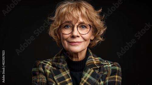  A tight shot of someone in a checkered jacket and wearing glasses against a black backdrop