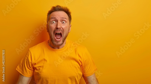  A man with a surprised expression, mouth agape, dons a yellow T-shirt against a yellow backdrop © Mikus
