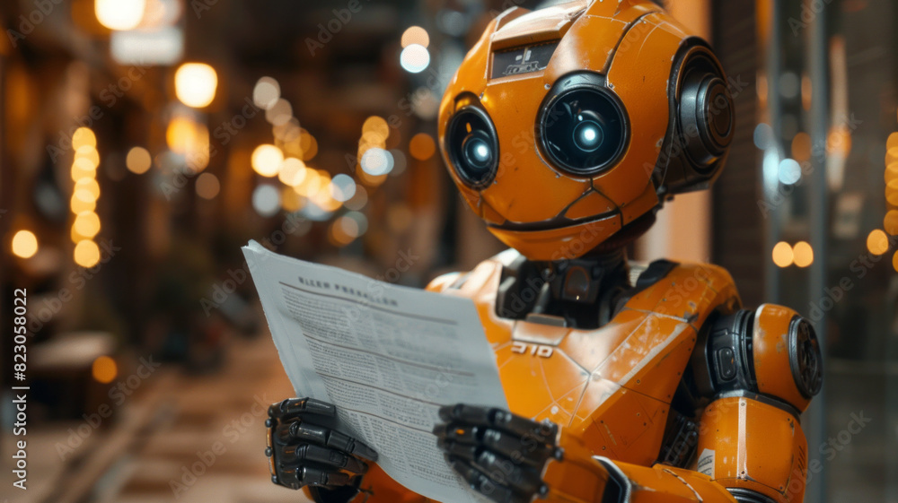 orange robot getting papers handouted by a human in a lighty office,generative ai orange robot getting papers handouted by a human in a lighty office,generative ai