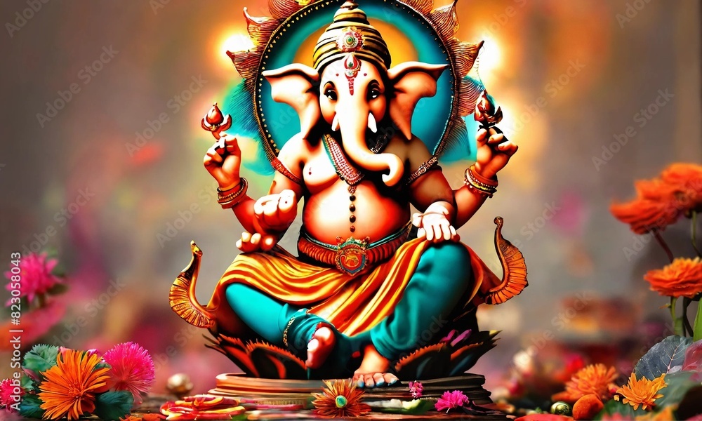 Fototapeta premium Ganpati, Lord Ganesh Illustration of colorful hindu lord Ganesha on decorative background