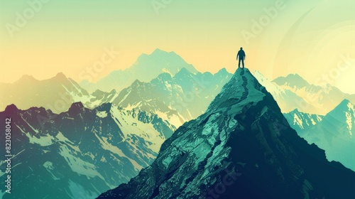 A motivational poster featuring a person climbing a mountain, symbolizing overcoming challenges and achieving goals. photo